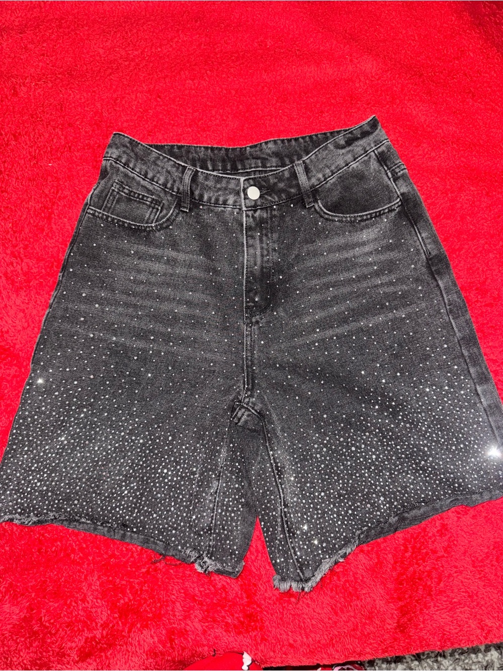 High-Waist Black Denim Shorts with Sparkle Embellishment